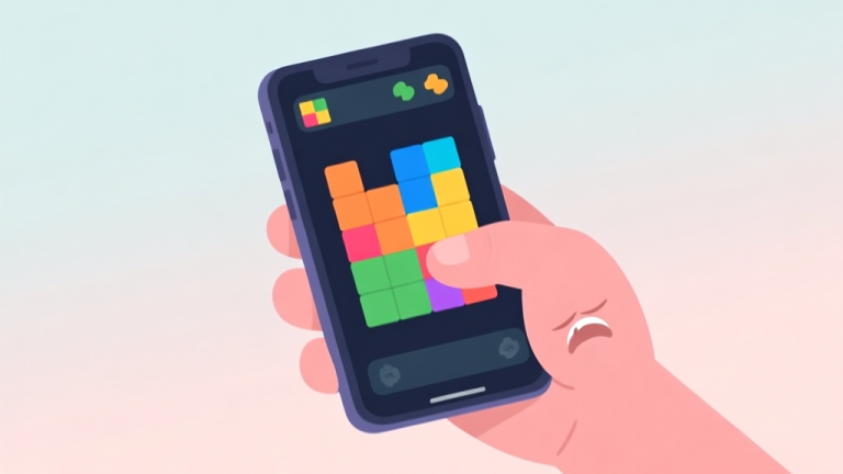 自动生成图片: A minimalist illustration of a smartphone screen showing a colorful block puzzle game in progress, with a frustrated hand holding the phone, soft pastel background high quality illustration, detailed, 16:9