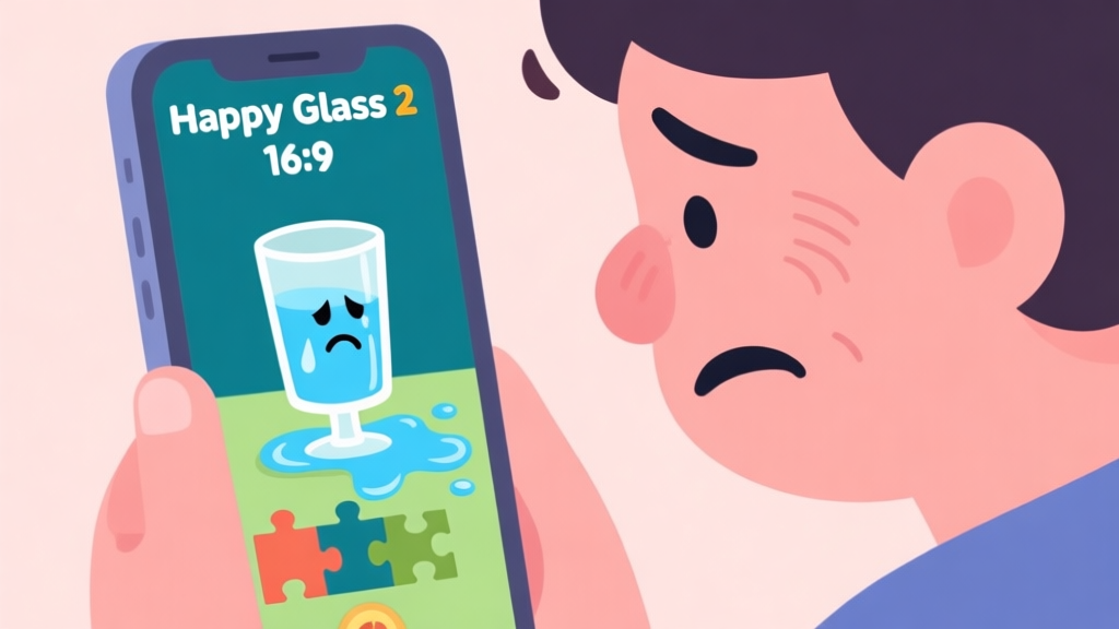 A frustrated person looking at a smartphone screen showing a failed puzzle level in Happy Glass 2, with a sad glass and spilled water, in a flat cartoon style with soft pastel colors high quality illustration, detailed, 16:9