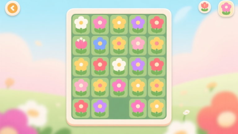 自动生成图片: A serene and inviting game interface of a flower-matching puzzle, showing a grid of colorful blossoms with soft pastel backgrounds, evoking a calm and strategic feeling high quality illustration, detailed, 16:9