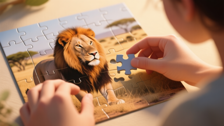 自动生成图片: A cozy scene of a person's hands carefully placing a puzzle piece on a nearly completed jigsaw puzzle depicting a majestic lion in the savanna, warm natural lighting, soft focus on the hands and puzzle high quality illustration, detailed, 16:9