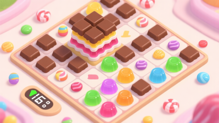 自动生成图片: A top-down view of a complex Candy Match game board at a high level, featuring stubborn chocolate blocks, layered jellies, and scattered special candies, with a move counter showing few moves left, in a soft pastel color palette high quality illustration, detailed, 16:9