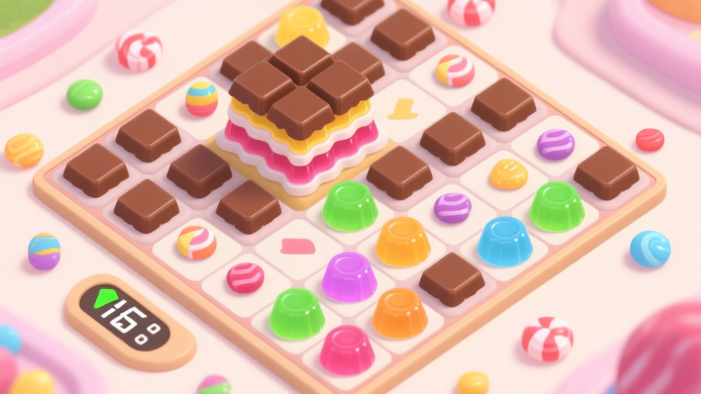A top-down view of a complex Candy Match game board at a high level, featuring stubborn chocolate blocks, layered jellies, and scattered special candies, with a move counter showing few moves left, in a soft pastel color palette high quality illustration, detailed, 16:9