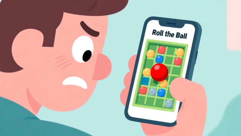 自动生成图片: A frustrated player looking at a smartphone showing a complex Roll the Ball puzzle level with the red ball stuck, in a flat cartoon style with soft pastel colors high quality illustration, detailed, 16:9