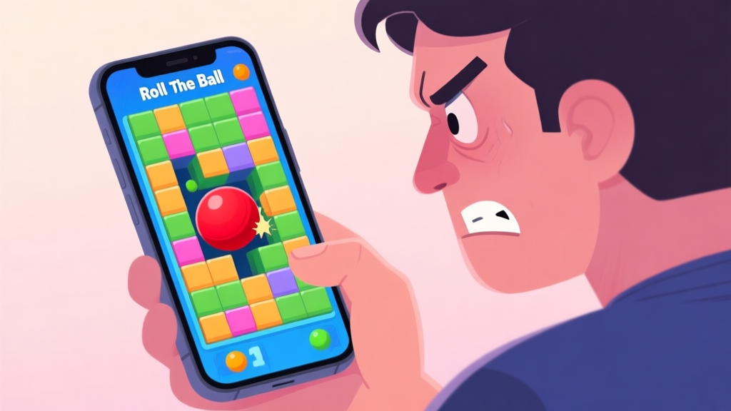 A frustrated gamer looking at a smartphone screen showing a colorful but complex Roll the Ball puzzle level, with a red ball stuck in a maze of tiles, soft pastel background high quality illustration, detailed, 16:9