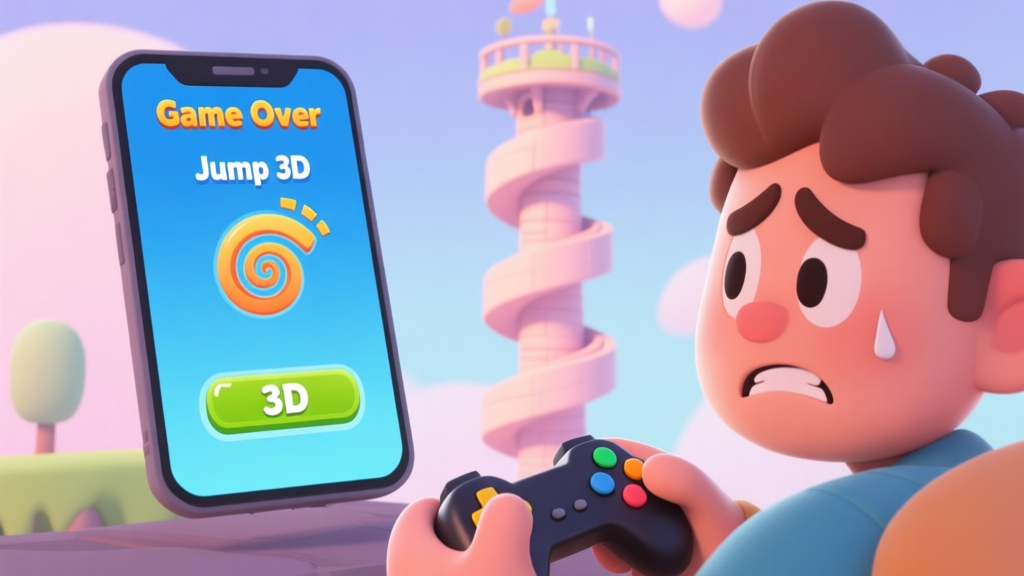 A frustrated mobile gamer looking at a "Game Over" screen on Spiral Jump 3D, with a spiral tower in the background, soft pastel colors, cartoonish style high quality illustration, detailed, 16:9