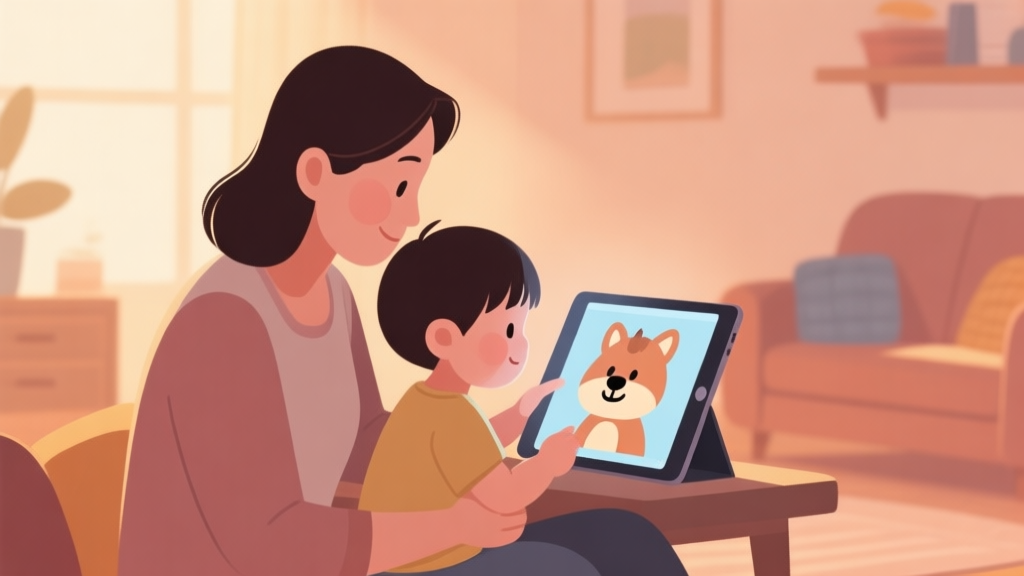 A gentle, warm-toned illustration of a parent and a young child looking at a tablet screen together, showing a friendly cartoon animal on the screen. Soft lighting, cozy home setting, flat design style. high quality illustration, detailed, 16:9