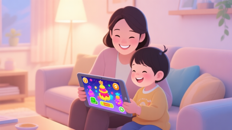 自动生成图片: A cozy, softly lit living room scene, a parent and a young child smiling while looking at a tablet showing colorful New Year-themed game graphics, warm and inviting atmosphere, gentle pastel colors high quality illustration, detailed, 16:9