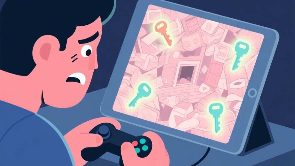 A frustrated gamer looking at a tablet screen filled with a cluttered hidden object scene, with a few key items subtly glowing, soft pastel color palette, flat illustration style high quality illustration, detailed, 16:9