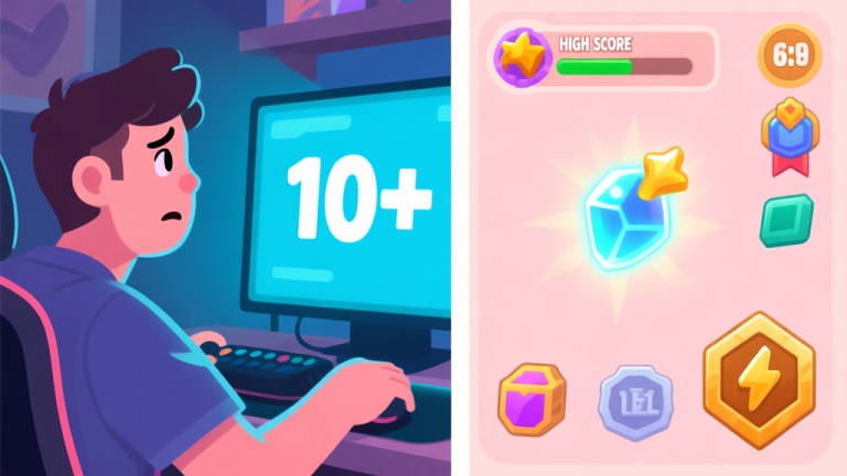 自动生成图片: A split-screen illustration showing a gamer looking confused at a screen with '10+' symbol on one side, and on the other side, various game elements like a high score, a rare glowing item, and a level-up badge, in a soft pastel color palette high quality illustration, detailed, 16:9
