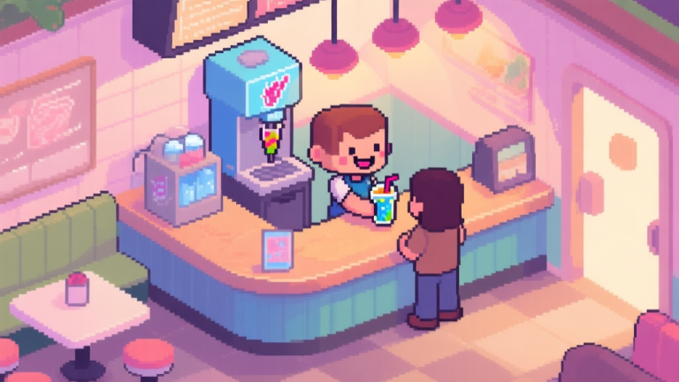 自动生成图片: A cozy, top-down view of a pixel-art game cafe counter with an Ice Slushy Maker machine, a smiling character serving a colorful drink to a customer, soft pastel colors, warm lighting high quality illustration, detailed, 16:9