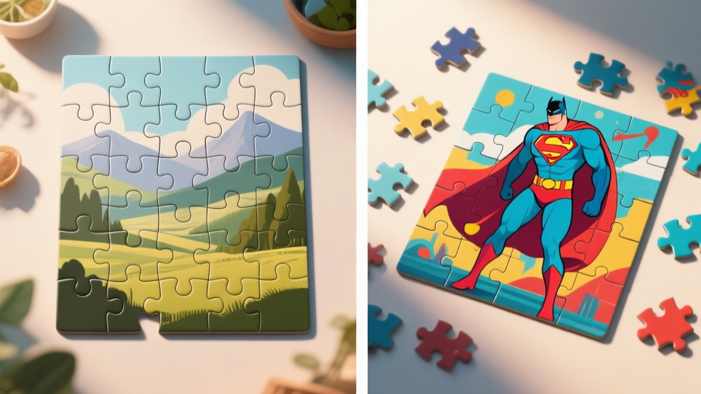 Split-screen illustration showing a classic landscape jigsaw puzzle on the left and a vibrant superhero-themed jigsaw puzzle on the right, with puzzle pieces scattered around, soft natural lighting high quality illustration, detailed, 16:9