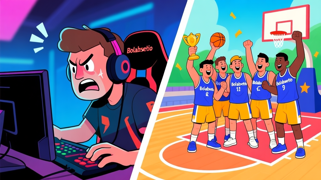 Dynamic split-screen illustration showing a frustrated gamer on one side and a victorious, coordinated Bolabasketio team celebrating on the other, with a basketball court as the background, in a vibrant cartoon style high quality illustration, detailed, 16:9