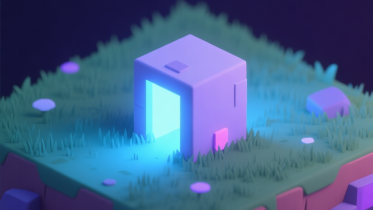 自动生成图片: A simple, isometric 3D illustration of a glowing portal box in a game environment, placed in a grassy field with soft blue and purple light effects, minimalist style high quality illustration, detailed, 16:9