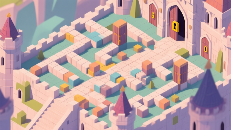 自动生成图片: A top-down view of a complex palace puzzle level with intricate moving blocks and locked gates, soft medieval color palette, isometric perspective, feeling of being stuck high quality illustration, detailed, 16:9