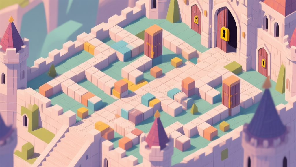 A top-down view of a complex palace puzzle level with intricate moving blocks and locked gates, soft medieval color palette, isometric perspective, feeling of being stuck high quality illustration, detailed, 16:9