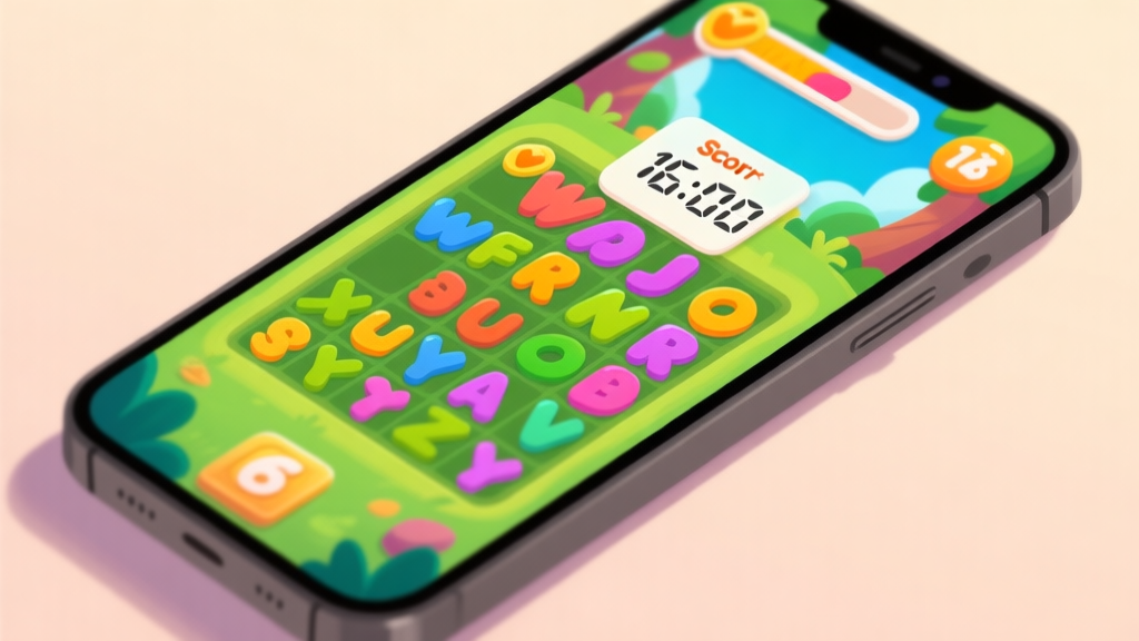 A vibrant, top-down view of a smartphone screen showing a colorful Words Jungle game grid with jumbled letters, a timer counting down, and a score pop-up, illustrated in a playful cartoon style with soft shadows high quality illustration, detailed, 16:9