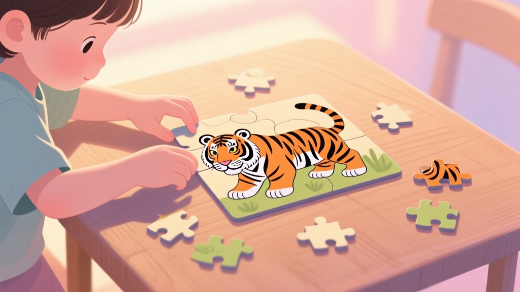 A warm, softly lit scene of a child's hands successfully placing the final piece of a tiger puzzle on a wooden table, with other completed pieces around it, in a gentle pastel color palette high quality illustration, detailed, 16:9