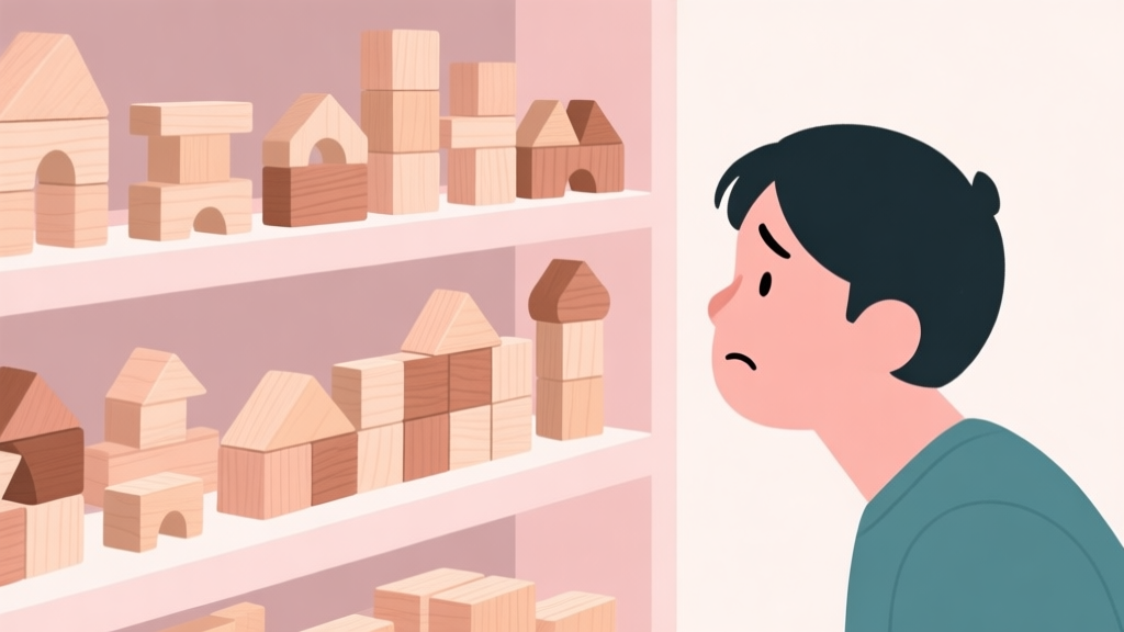 A person looking confused at a shelf filled with various wooden block puzzles, soft pastel colors, minimalist illustration style high quality illustration, detailed, 16:9