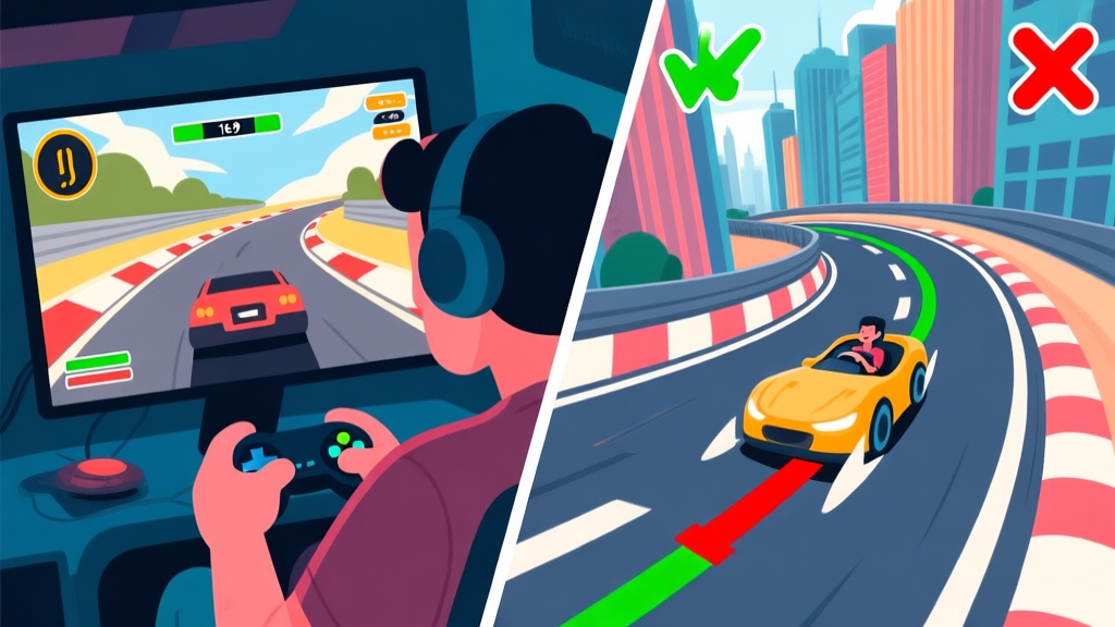 A split-screen illustration showing a novice gamer frustrated at a racing game on the left, and a confident player smoothly navigating a sharp city corner on the right, with visual indicators of wrong and correct racing lines high quality illustration, detailed, 16:9