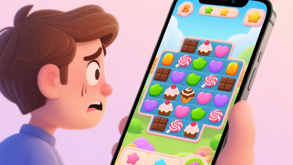 A frustrated player looking at a colorful, complex match-3 game level on a mobile phone screen, with multiple blockers like chocolate, icing, and licorice, soft pastel color palette high quality illustration, detailed, 16:9