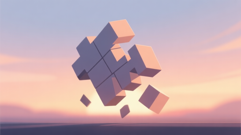 自动生成图片: A serene, minimalist digital illustration of falling geometric blocks against a soft gradient sunset background, symbolizing calm and order in a puzzle game. The blocks fit together perfectly, creating a sense of satisfaction. high quality illustration, detailed, 16:9