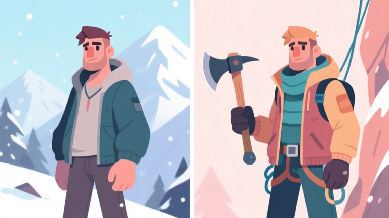 自动生成图片: A split-screen illustration showing a game character in two different outfits. On the left, the character looks stylish but uncomfortable in a snowy mountain. On the right, the same character looks both stylish and functional with layered clothing, holding a climbing axe, flat design style, soft pastel color palette high quality illustration, detailed, 16:9