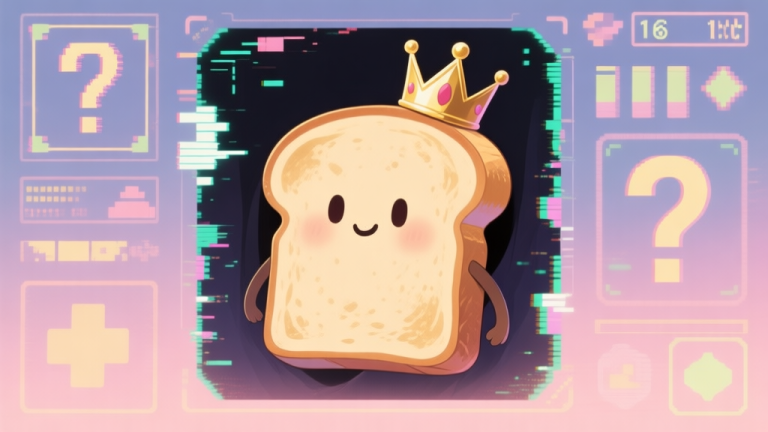 自动生成图片: A mysterious and whimsical digital illustration showing a piece of toast with a face, wearing a tiny crown, peeking out from behind glitchy video game UI elements and question marks, soft pastel color palette with hints of gold high quality illustration, detailed, 16:9