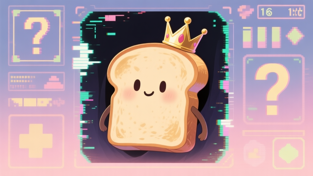 A mysterious and whimsical digital illustration showing a piece of toast with a face, wearing a tiny crown, peeking out from behind glitchy video game UI elements and question marks, soft pastel color palette with hints of gold high quality illustration, detailed, 16:9