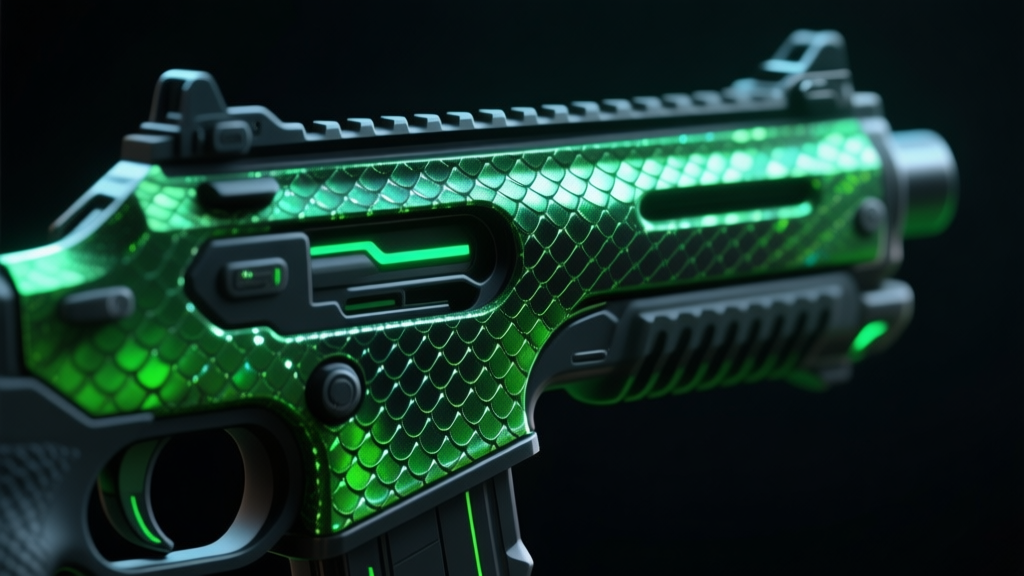 A close-up, detailed view of a futuristic gaming weapon skin with a shimmering snake-scale pattern, green and black color scheme, subtle animated texture, isolated on a dark background high quality illustration, detailed, 16:9
