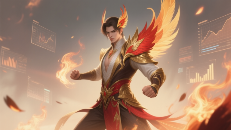 自动生成图片: An elegant video game character with phoenix feather motifs, standing in a combat stance, surrounded by faint embers and data charts floating in the background, soft color palette with gold and crimson accents, digital painting style high quality illustration, detailed, 16:9