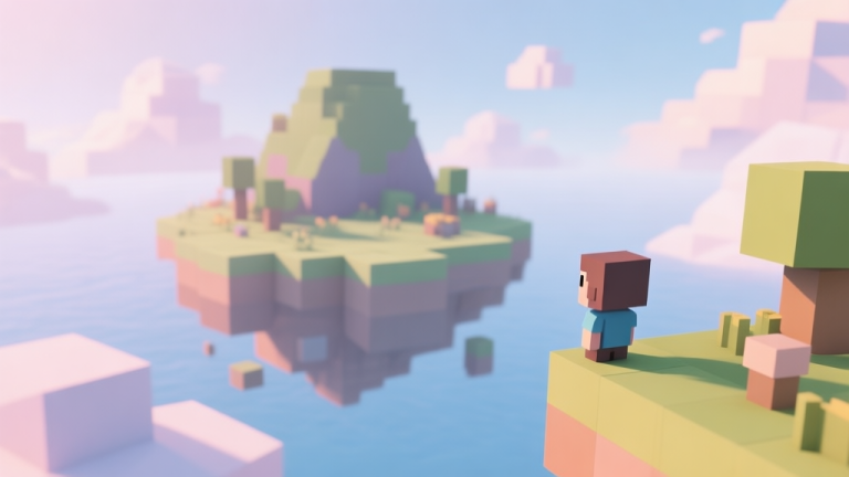 自动生成图片: A serene floating island landscape in a blocky, low-poly style, with soft pastel colors, gentle clouds, and a small avatar looking out from the edge, digital art, soft lighting high quality illustration, detailed, 16:9