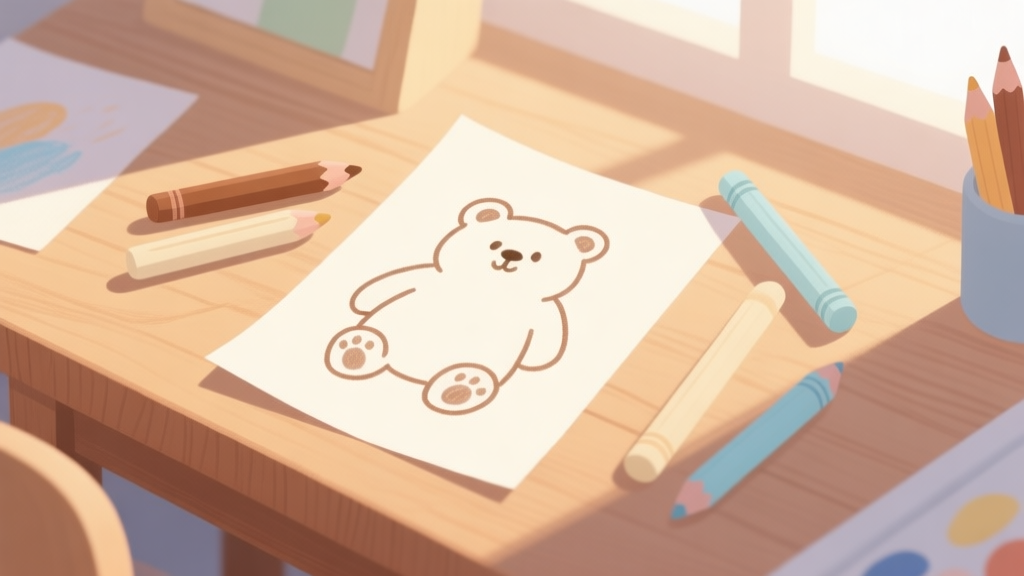 A cozy, inviting scene of a beginner's art desk: a cute, outlined bear drawing on paper, surrounded by a few colored pencils and crayons in soft, warm colors like light brown, cream, and pastel blue, arranged neatly on a wooden table. Soft morning light, flat illustration style, gentle and warm color palette high quality illustration, detailed, 16:9
