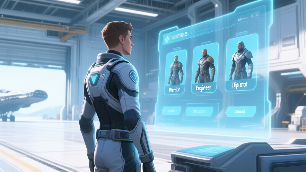 A new player character in a sleek, customizable spacesuit standing in a futuristic starship hangar, looking at a holographic interface displaying different character class options (Warrior, Engineer, Diplomat). The scene is bright, hopeful, with soft blues and whites. high quality illustration, detailed, 16:9