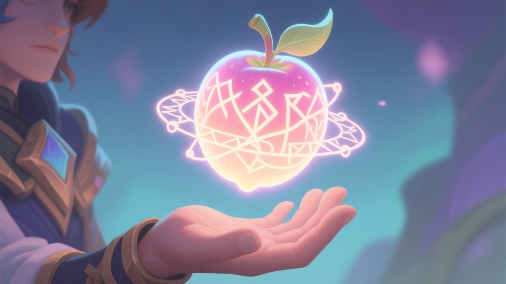 A stylized, glowing fruit with intricate runic connections floating above a game character's hand, soft magical glow, pastel color palette, fantasy game item illustration high quality illustration, detailed, 16:9