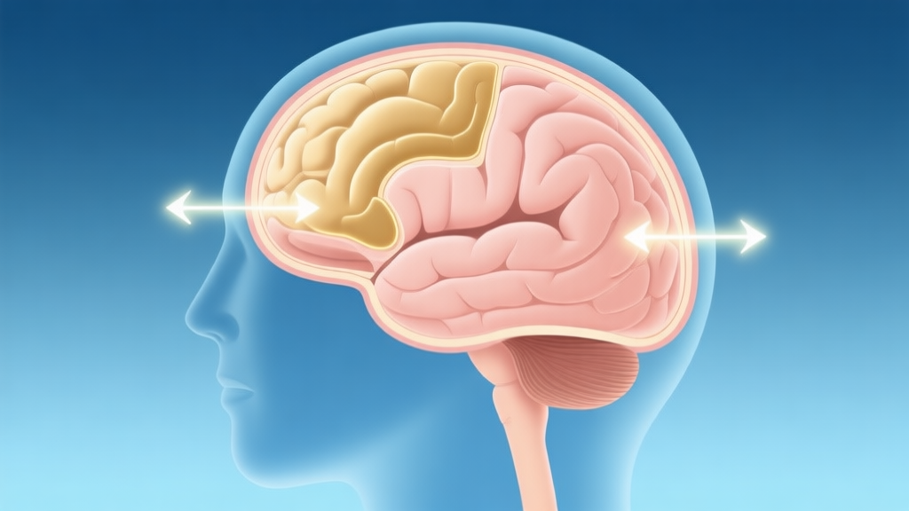 A cross-section illustration of a human brain in a side view, with specific regions like the prefrontal cortex highlighted in soft gold. Arrows and gentle light pulses emanate from these areas, set against a calm, gradient blue background. high quality illustration, detailed, 16:9