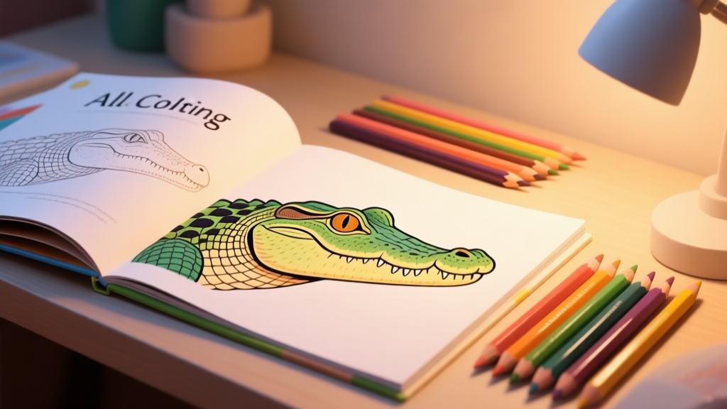 A welcoming, softly lit desk setup with an open alligator coloring book, a set of high-quality colored pencils neatly arranged, and a beautifully colored page showing a detailed alligator head, in a warm and inviting color palette high quality illustration, detailed, 16:9