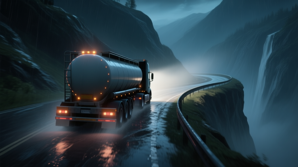 A dramatic in-game screenshot from a truck simulator, showing a tanker truck navigating a sharp, rain-slicked mountain curve at night. The truck's headlights cut through the fog, highlighting the slippery road and sheer drop on one side. The perspective is from behind the truck, conveying tension and skill. high quality illustration, detailed, 16:9