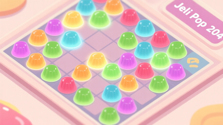 自动生成图片: A top-down view of a vibrant but slightly cluttered Jeli Pop 2048 game board, with colorful jellies in a grid, some matched and glowing, soft pastel colors, clean flat design style high quality illustration, detailed, 16:9