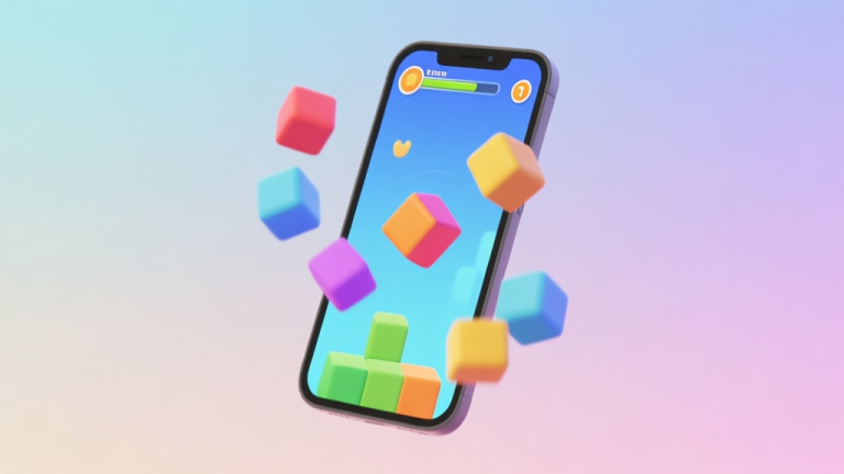 自动生成图片: A vibrant yet clean 3D game interface on a mobile phone screen, showing colorful geometric blocks in mid-rotation against a soft gradient background, with a subtle score counter visible. Minimalist, playful aesthetic. high quality illustration, detailed, 16:9