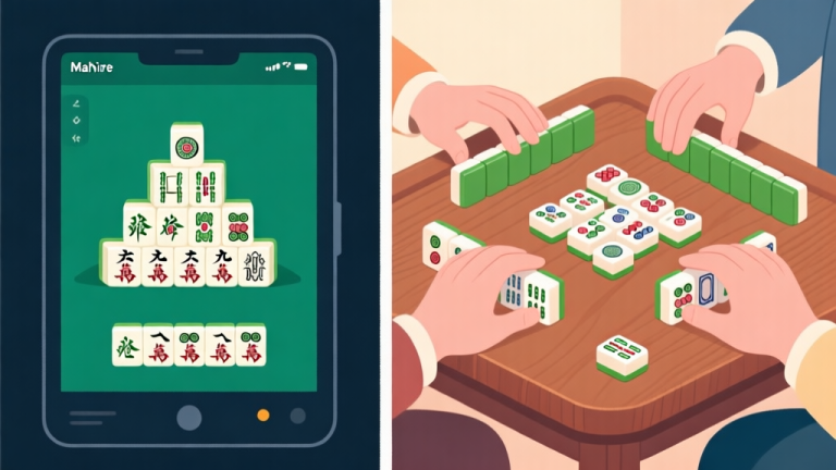 自动生成图片: Side-by-side comparison illustration of Mahjong Solitaire and Traditional Mahjong. Left side shows a neat pyramid of Mahjong tiles on a digital screen, right side shows four hands of intricately arranged tiles on a wooden table. Soft, contrasting color scheme. high quality illustration, detailed, 16:9