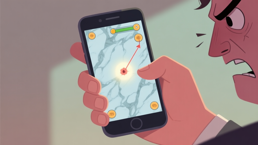 A frustrated hand holding a smartphone, the screen shows a marble game with a missed shot trajectory, soft glow highlighting the mistake, muted color palette high quality illustration, detailed, 16:9