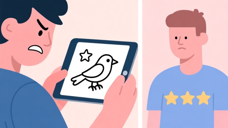 自动生成图片: A frustrated player looking at a tablet showing a Bird Coloring puzzle with two stars, contrasted with a calm player looking at a three-star completion, flat design style, soft pastel color palette high quality illustration, detailed, 16:9