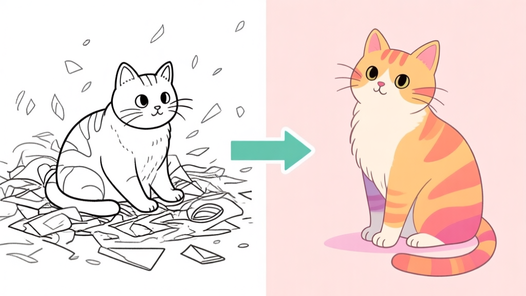 A split-screen illustration showing a messy, low-scored cat coloring on the left, and a vibrant, perfectly shaded high-scored cat on the right, with a progress arrow in between, soft pastel color palette high quality illustration, detailed, 16:9