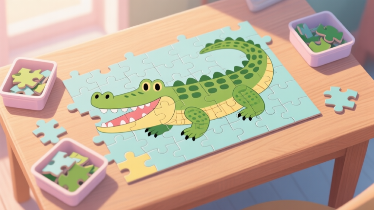 自动生成图片: A top-down view of a half-completed crocodile-themed jigsaw puzzle on a wooden table, with sorted pieces in small containers, soft natural lighting, pastel color palette high quality illustration, detailed, 16:9