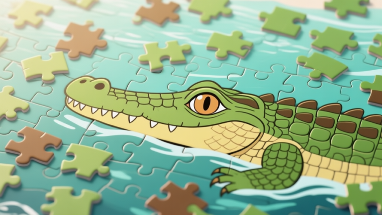 自动生成图片: A top-down view of a challenging crocodile-themed jigsaw puzzle in progress, showing a sea of similar-looking green and brown pieces, with a small section of the reptile's eye and scales coming together, soft natural lighting, pastel color palette high quality illustration, detailed, 16:9