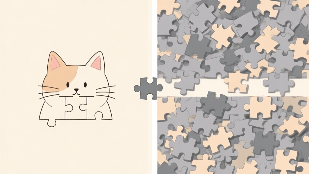 A split-screen illustration showing a simple, completed cat puzzle on the left side, and a chaotic sea of nearly identical gray and beige puzzle pieces on the right, symbolizing the difficulty jump to level 2. Soft pastel color palette. high quality illustration, detailed, 16:9