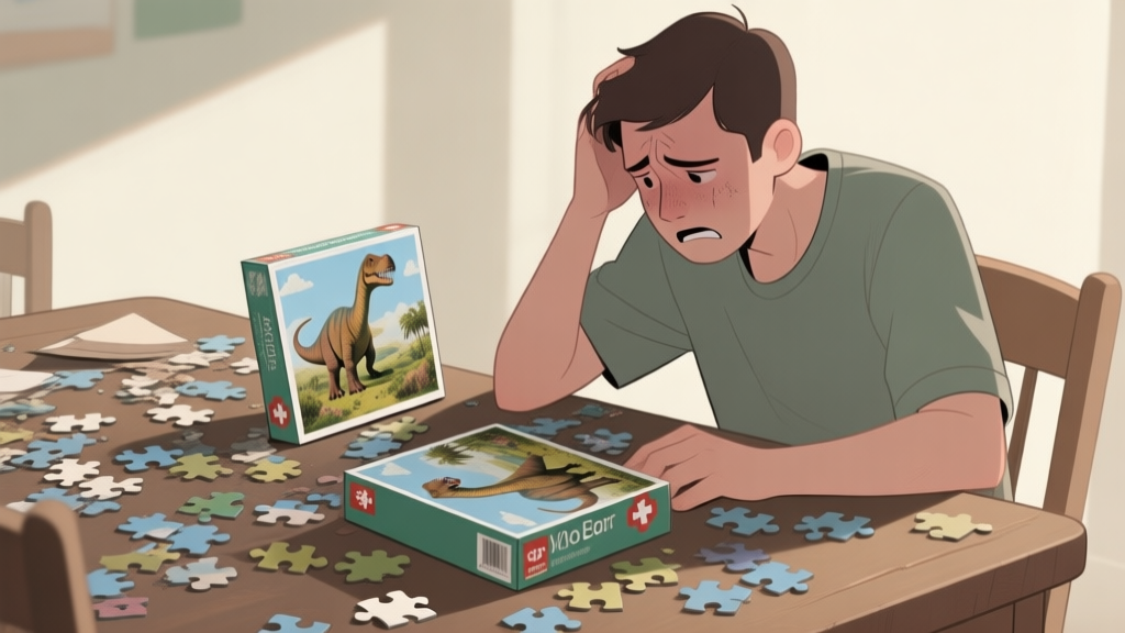 A frustrated person sitting at a messy table covered with jigsaw puzzle pieces, focusing on a dinosaur puzzle image on the box, soft natural lighting, muted color palette high quality illustration, detailed, 16:9