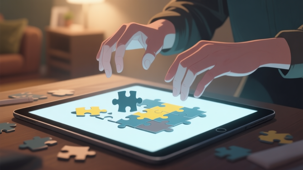 A person's hands hovering over a nearly completed jigsaw puzzle on a tablet screen, with a few frustratingly missing pieces highlighted, in a cozy but slightly dimly lit room, soft natural color palette, digital art style high quality illustration, detailed, 16:9