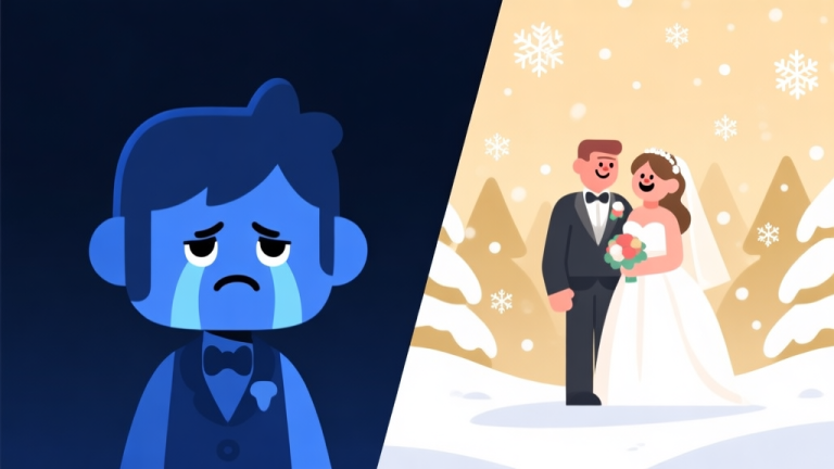 自动生成图片: A split-screen image showing a sad game character on one side (dark, blue tones) and a happy wedding scene with snowflakes on the other (warm, soft gold and white tones), flat illustration style, soft color palette high quality illustration, detailed, 16:9