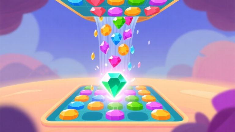 自动生成图片: A vibrant but soft-colored match-3 game board in mid-action, showing a cascade of gems falling, with a glowing special gem about to be matched, flat design style with a focus on strategy and movement high quality illustration, detailed, 16:9